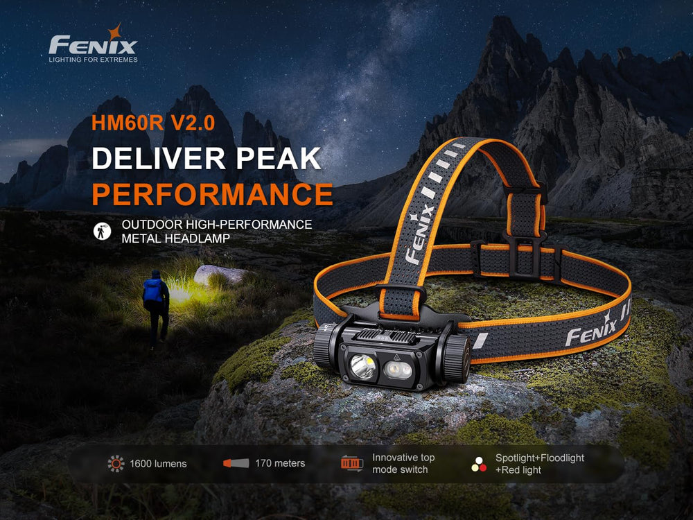 Fenix HM60R V2.0 beam distance image shows 185-yard reach for trails.