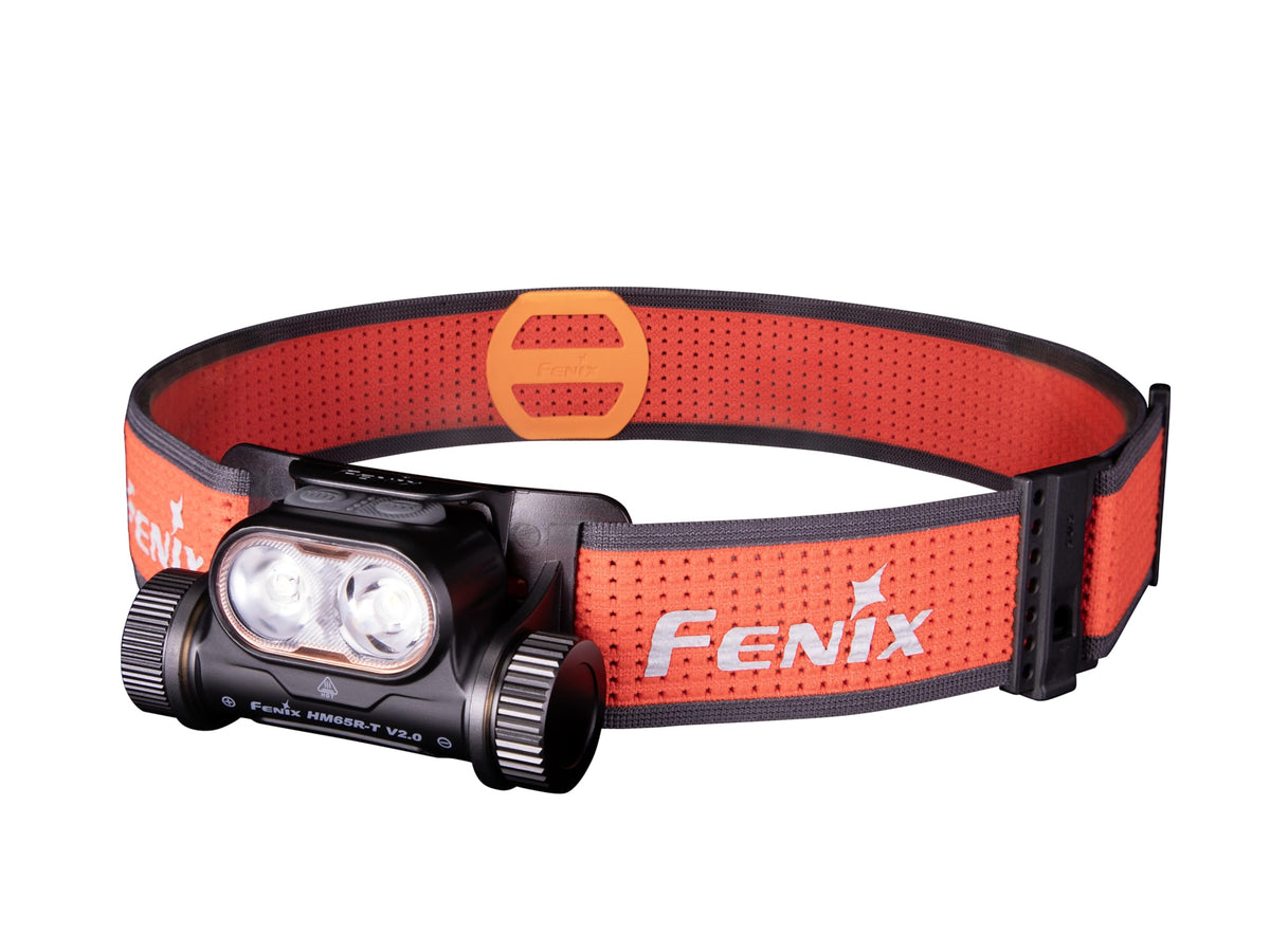 Fenix HM65R-T2 front view showing compact headlamp design for outdoor use.