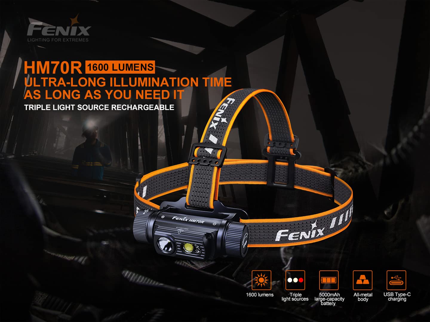 Fenix HM70R IP68 rated build resists rain and immersion in rugged conditions.