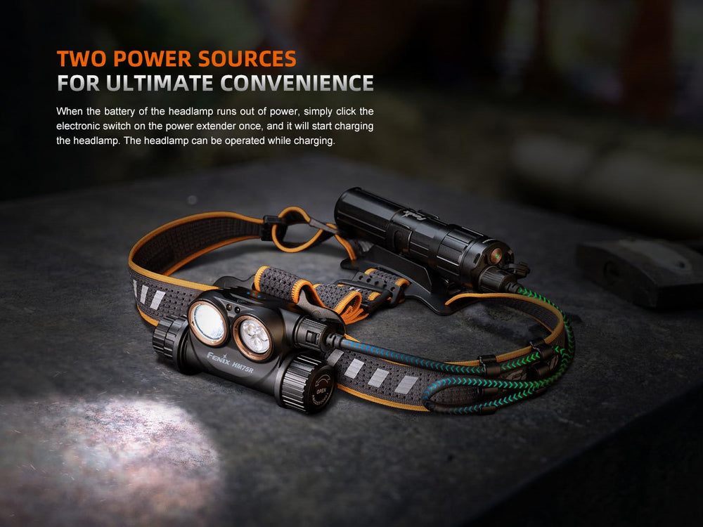 Fenix HM75R power extender back extends runtime for longer field sessions.