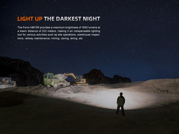 Fenix HM75R spotlight beam reaches 243 yards for precise outdoor tasks.