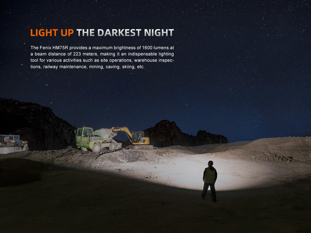 Fenix HM75R spotlight beam reaches 243 yards for precise outdoor tasks.