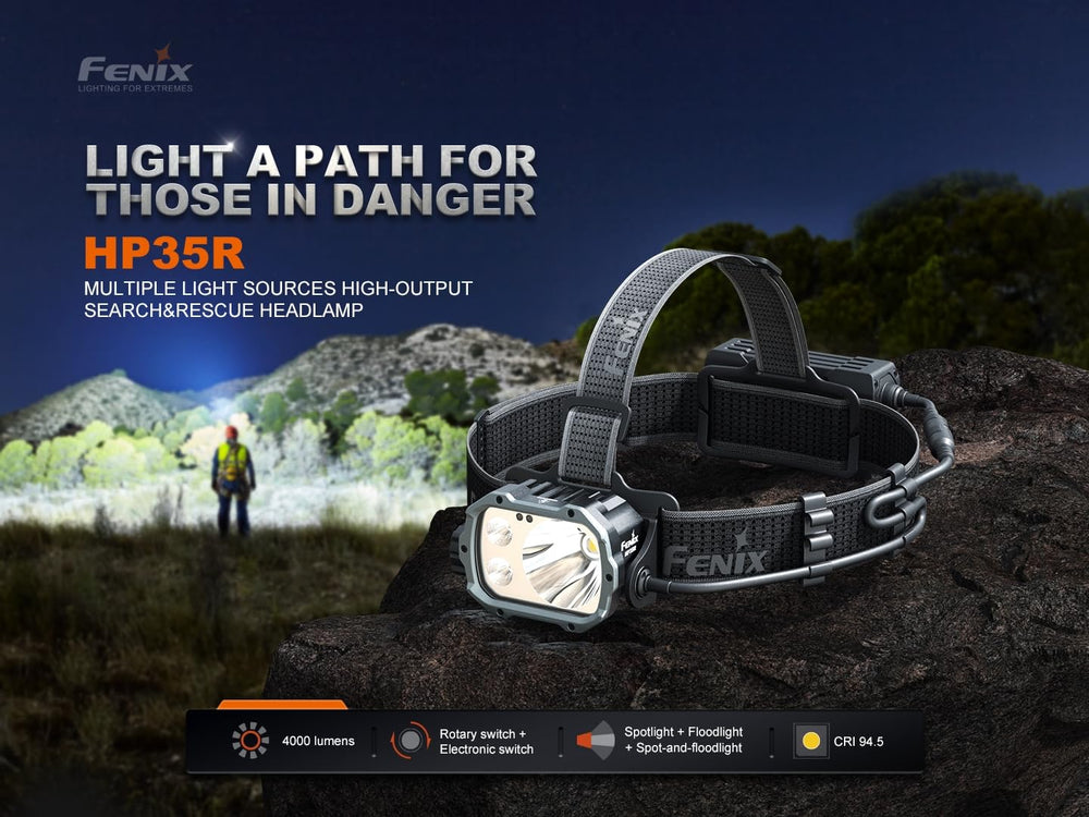 Fenix HP35R SAR floodlight mode lights wide areas for campsite or scene illumination.