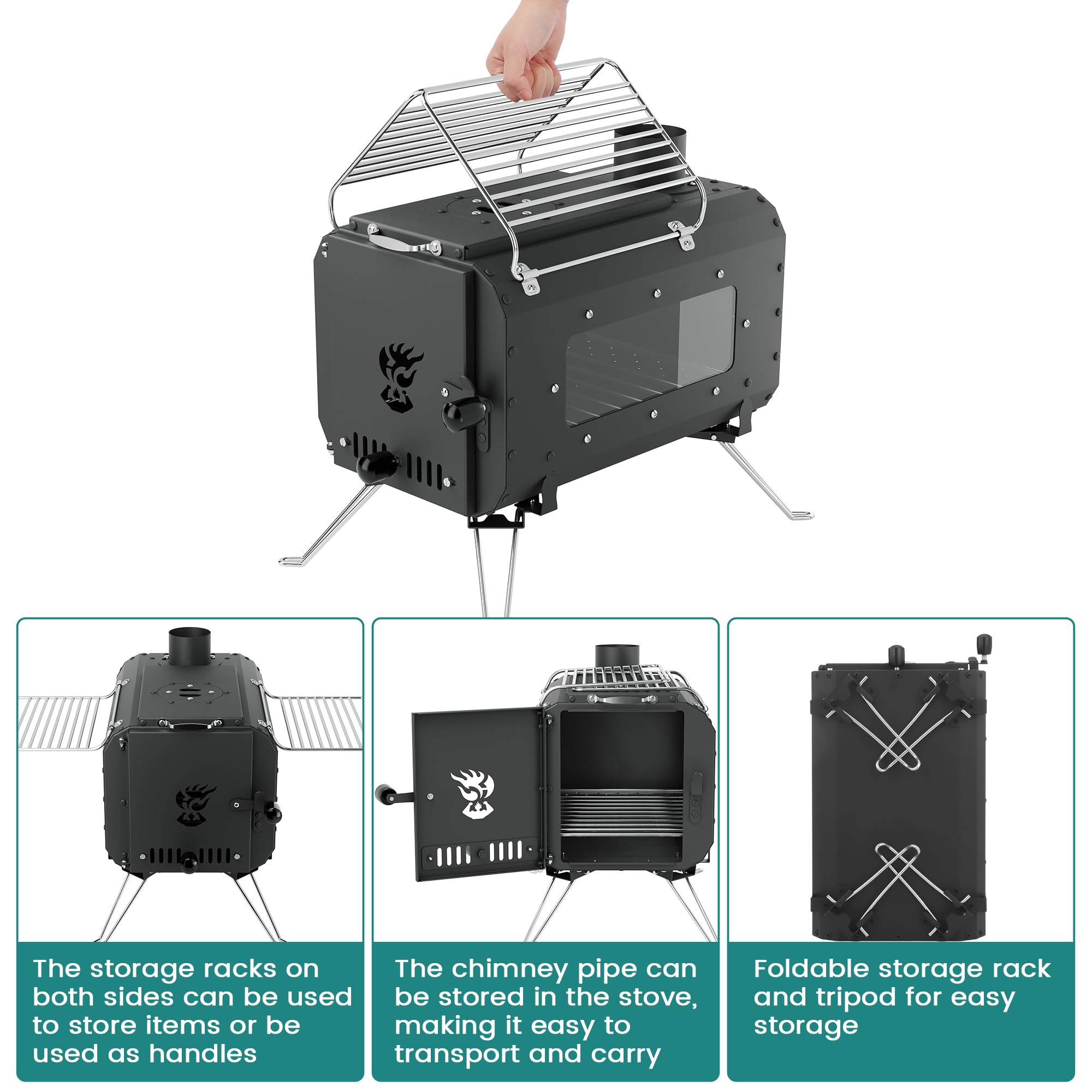 Folding tripods and side racks on Festisoul for compact storage.