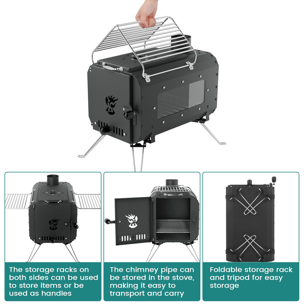 Folding tripods and side racks on Festisoul for compact storage.