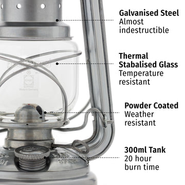 Feuerhand 10-inch lantern in use at dusk delivering warm ambient light