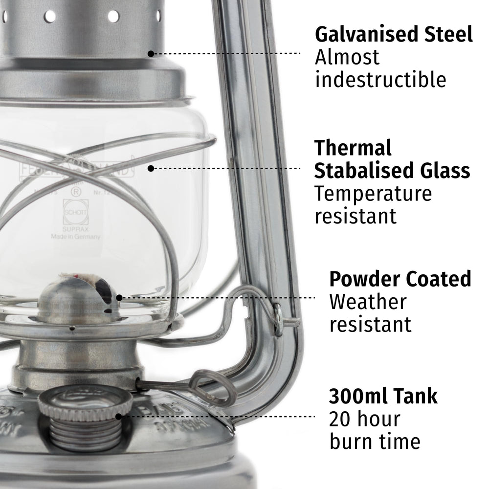 Feuerhand 10-inch lantern in use at dusk delivering warm ambient light