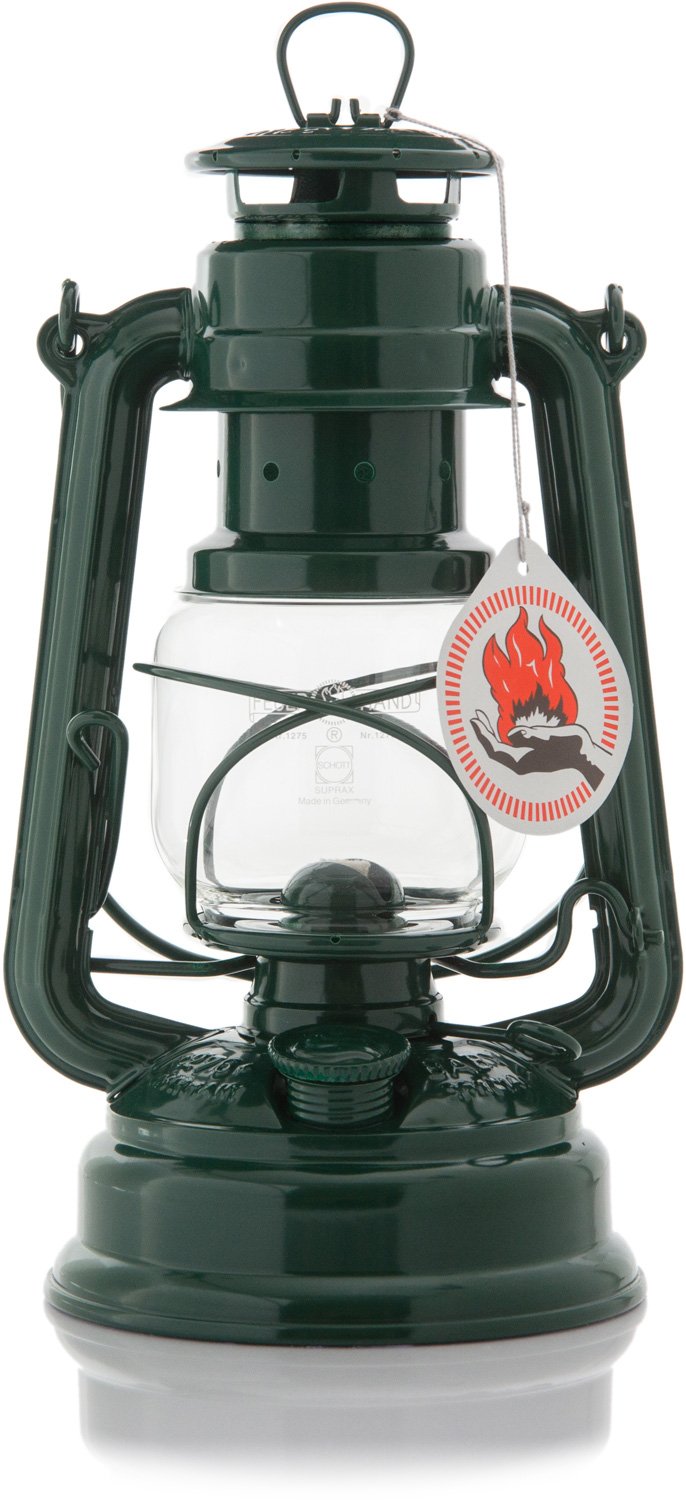 Feuerhand 12621 Baby Special 276 Moss Green front view shows durable powder-coated lantern for outdoor use.