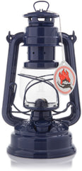 Feuerhand Baby Special 276 cobalt blue lantern front view, reliable ambient light for outdoor evenings.