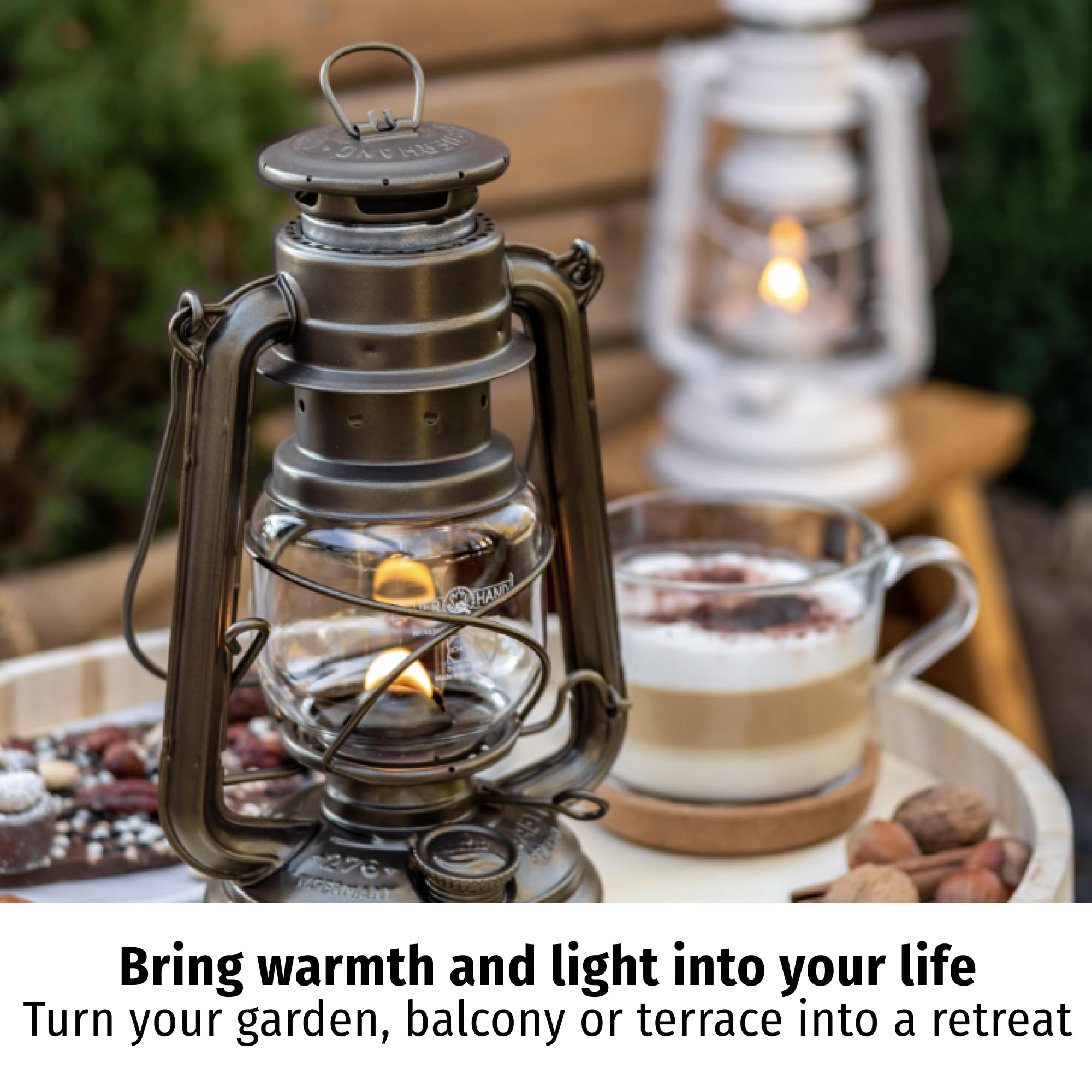 Feuerhand night garden ambiance with cobalt blue lantern casting soft glow