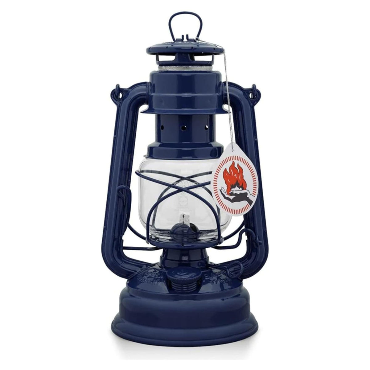 Feuerhand outdoor kerosene lantern cobalt blue closeup shows sturdy camping light
