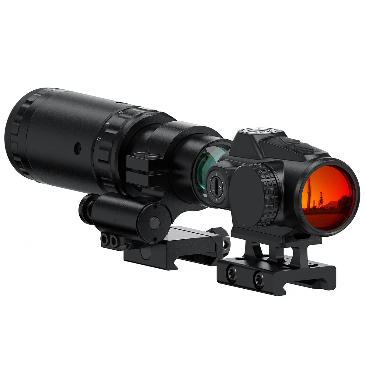 Feyachi red-dot magnifier combo on a rail mount for fast target acquisition and versatility.