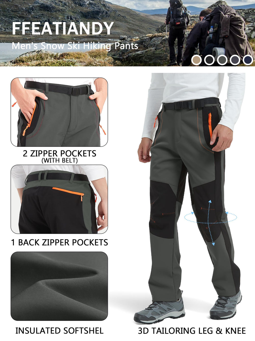 FFEATIANDY adjustable waist cargo pants versatile for hiking, skiing, fishing