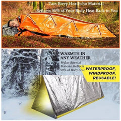 FHNUVB emergency sleeping bag folded compact pocket-size for easy carry.