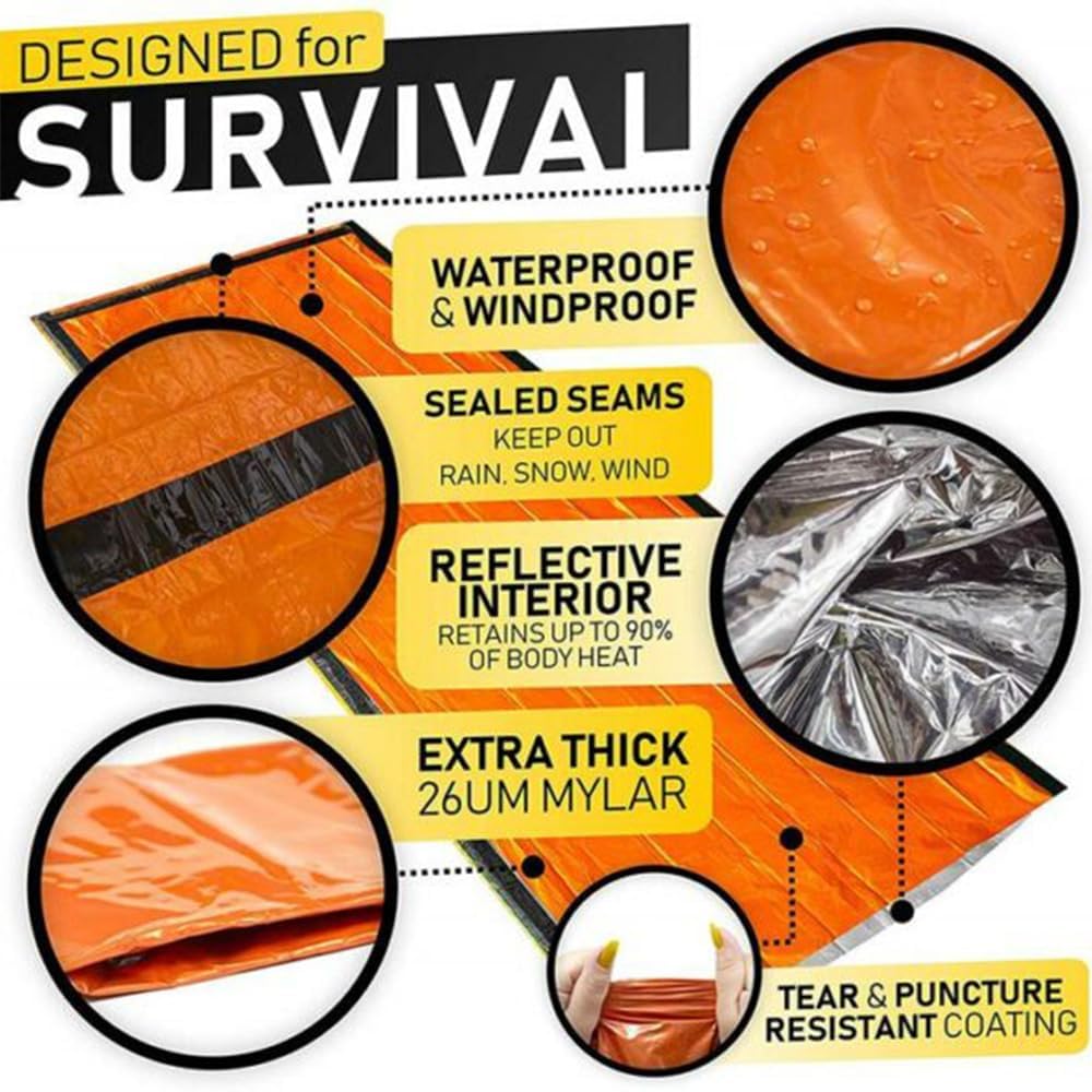 FHNUVB orange survival bag improves visibility for rescue in wilderness.