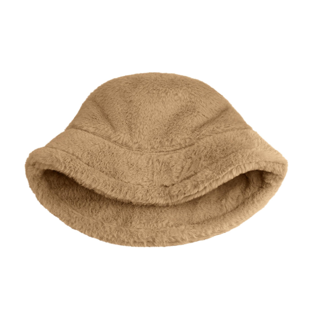 Lifestyle shot of a model wearing Clakllie Khaki faux fur bucket hat outdoors