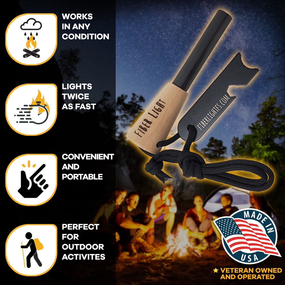 Fiber Light striker and paracord lanyard included for versatile outdoor use