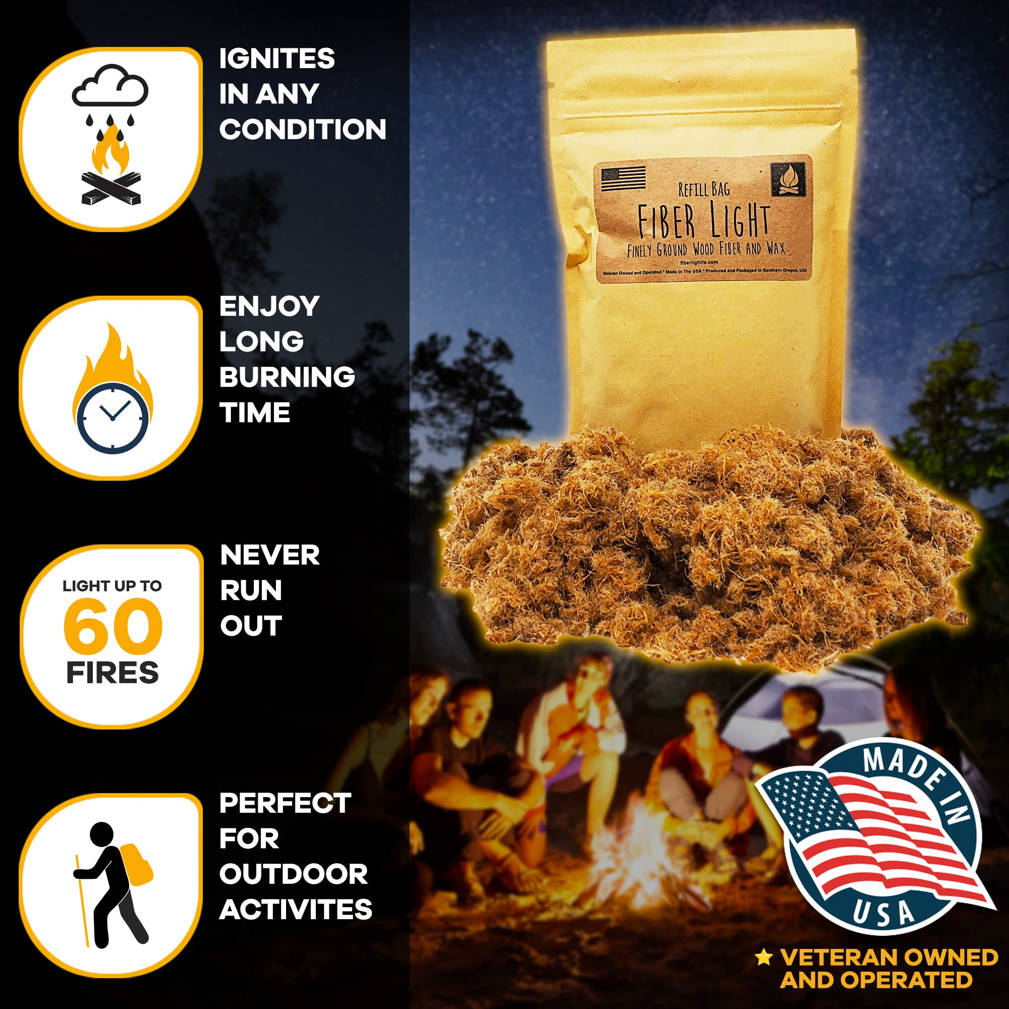 Fiber Light wax-infused tinder close-up for easy ignition.
