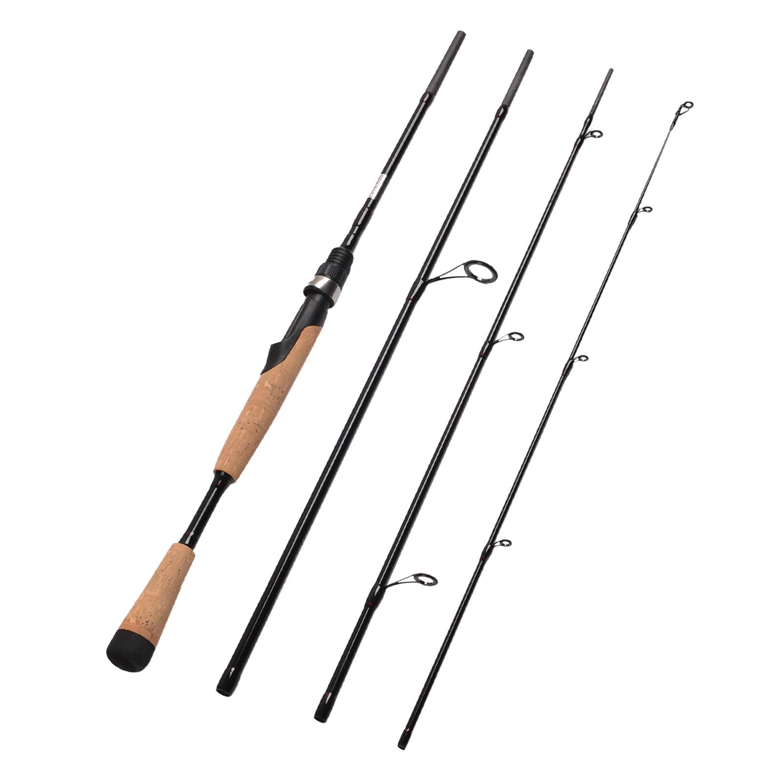 Fiblink 4-piece travel spinning rod in carry bag for easy transport on trips.
