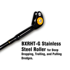 Fiblink aluminum reel seat with tapered hood reinforces connection during heavy-duty offshore fishing.