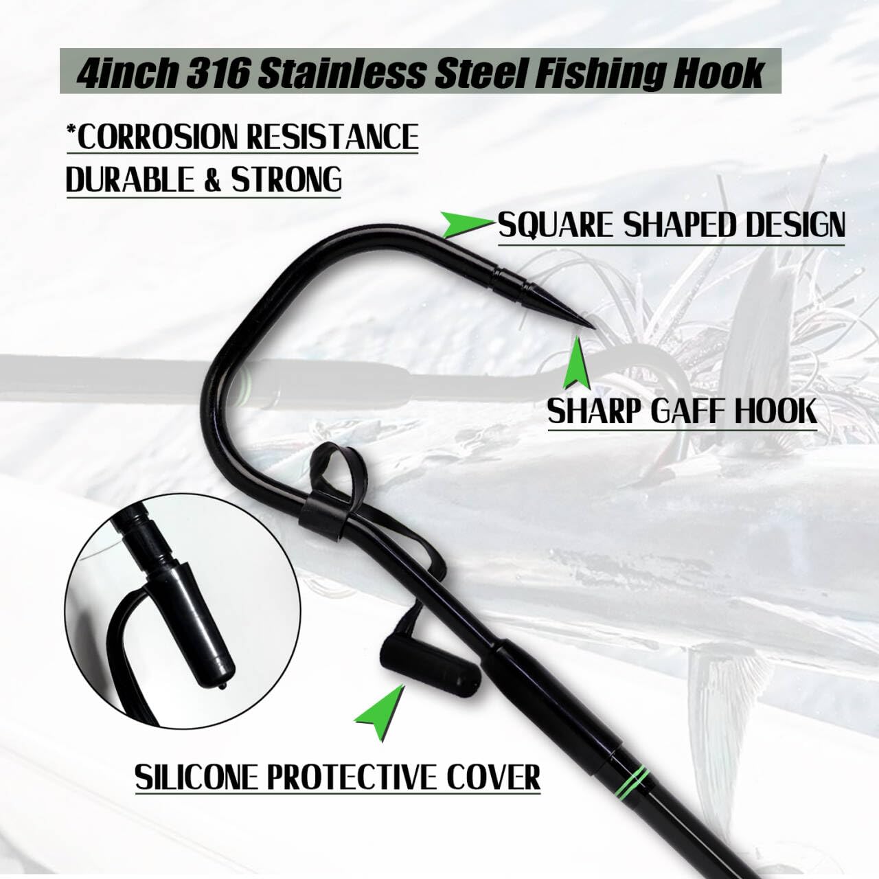 Fiblink gaff anti-slip EVA handle provides secure grip in wet fishing conditions