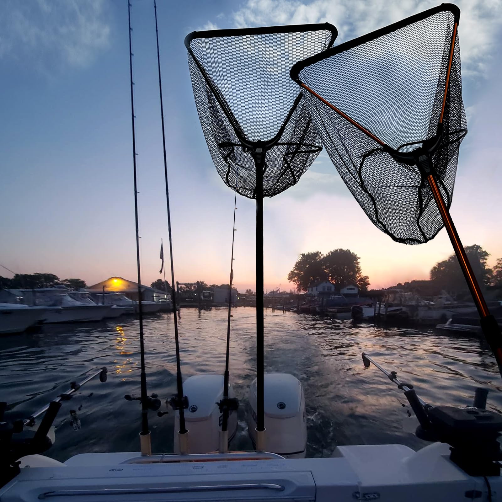 Fiblink landing net in a boat scene illustrating versatile river, lake, and sea use