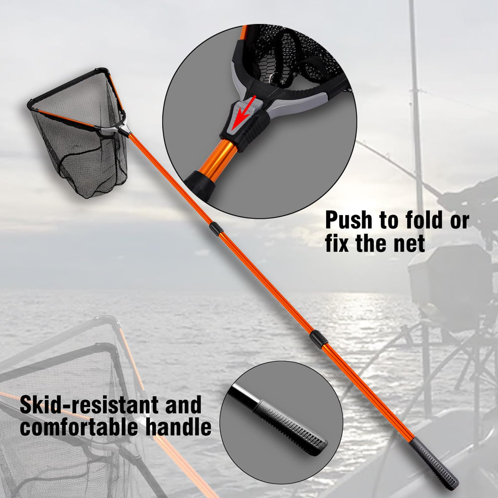 Fiblink landing net telescoping pole and extendable handle in use.