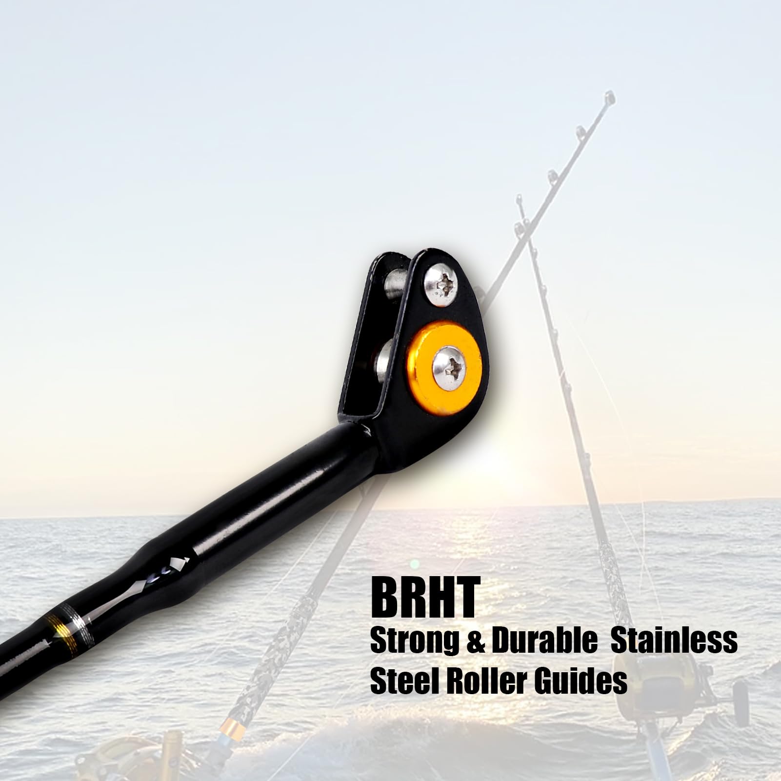 Fiblink stainless steel roller guides closeup illustrates smooth line flow and salt resistance.