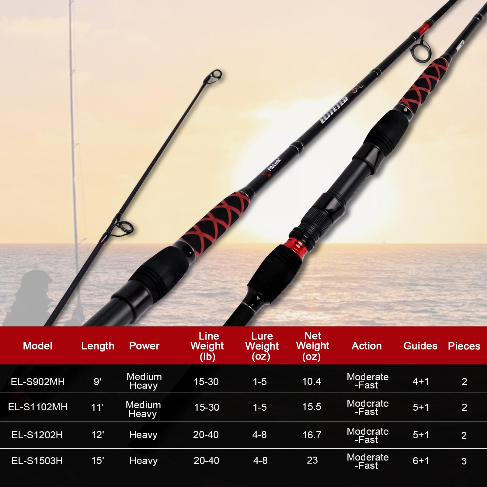 Fiblink 12-15ft models offer longer reach and moderate-fast action.