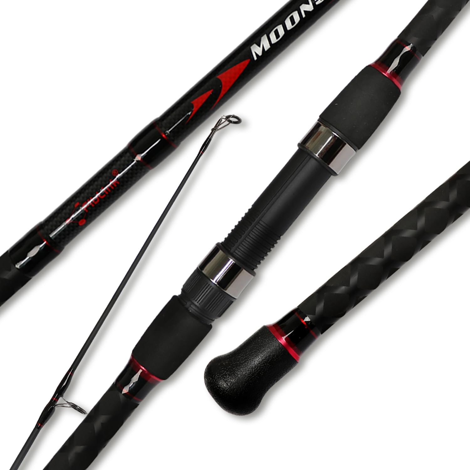 Fiblink surf spinning rod in black-red design enhances beach fishing appeal and durability