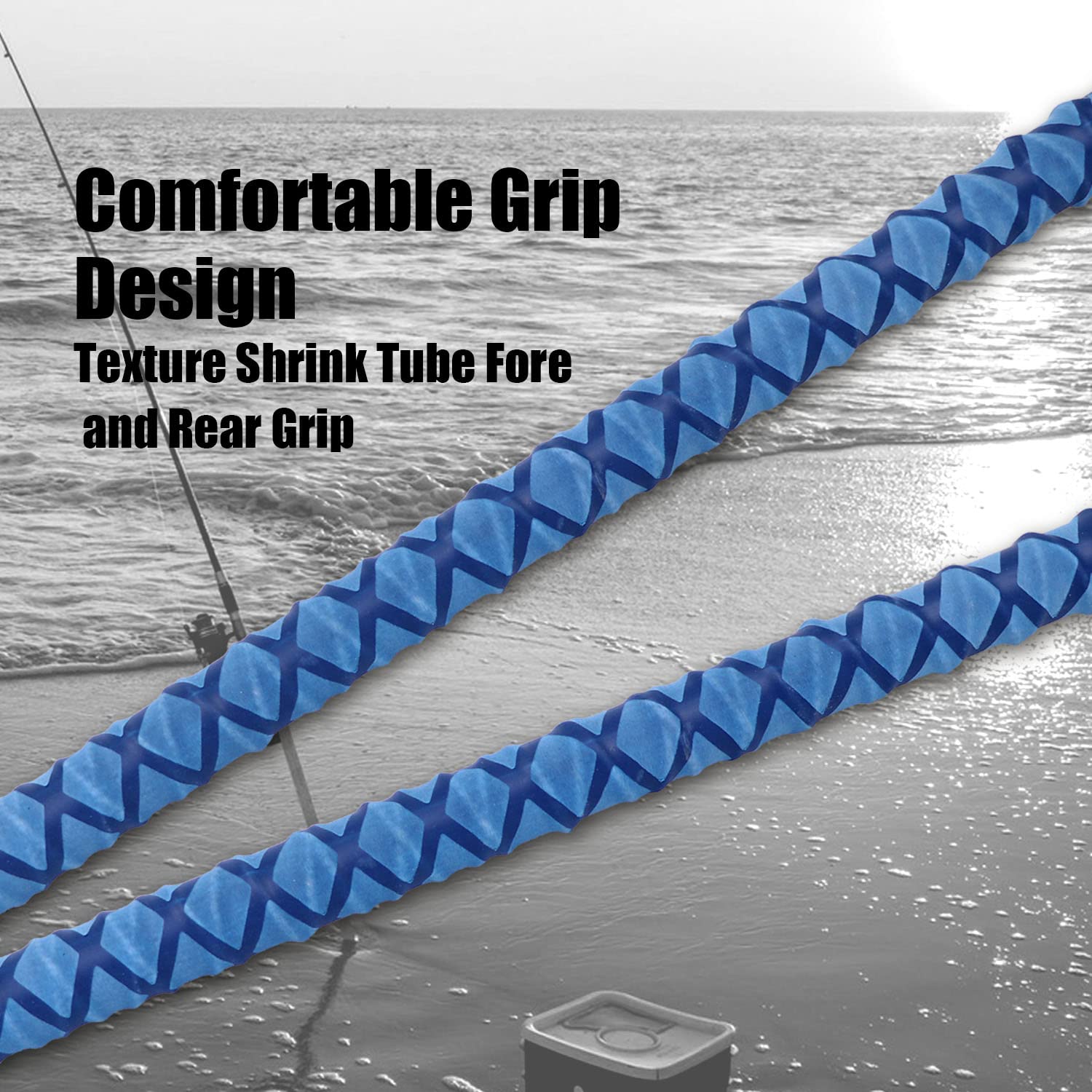 Fiblink surf spinning rod reel seat ensures secure reel performance in saltwater conditions.