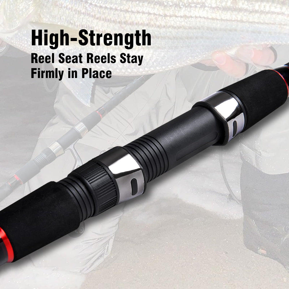 Fiblink reel-seat with tapered hood protects gear during surf sessions