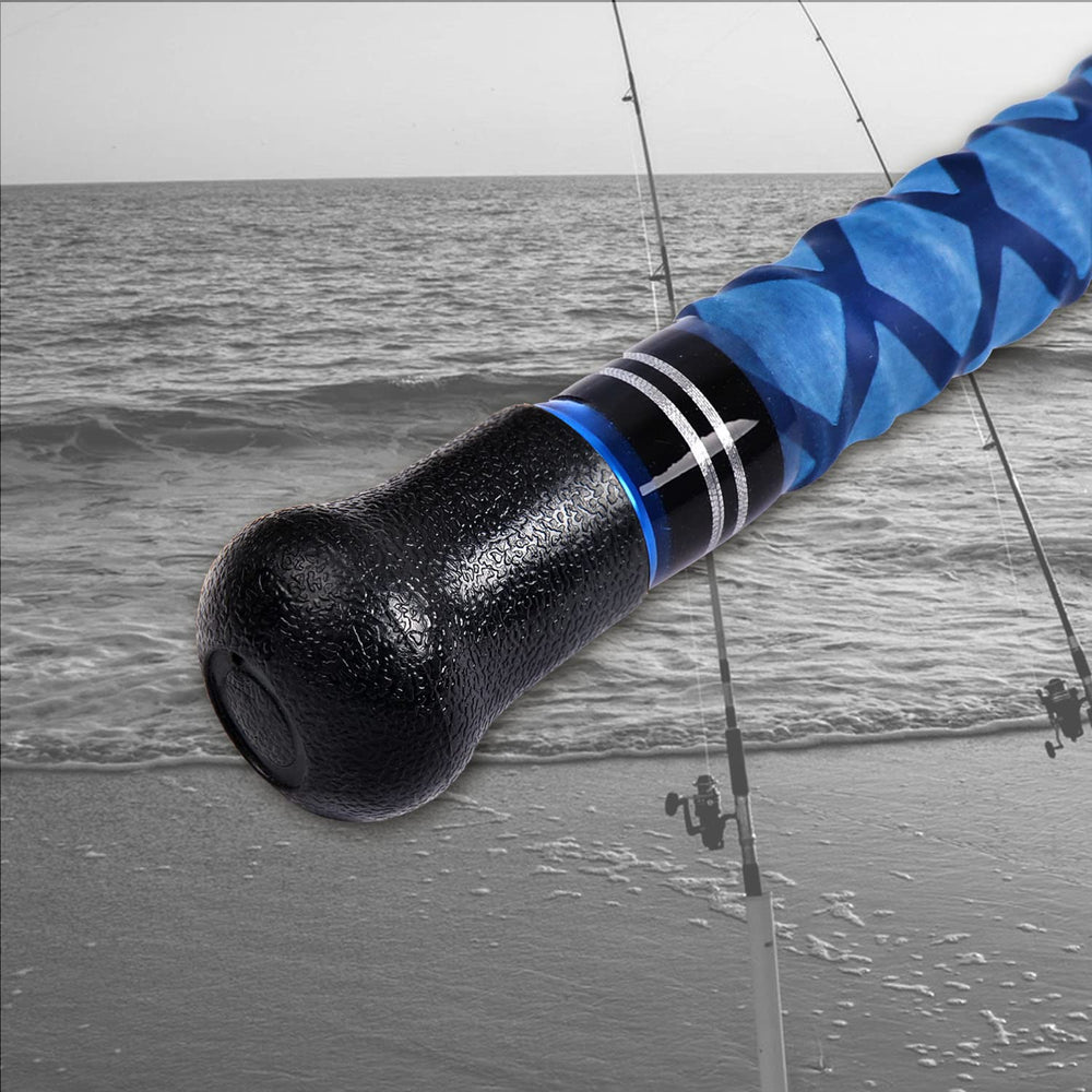 Fiblink surf rod in action on a rocky shore illustrates long-cast potential.