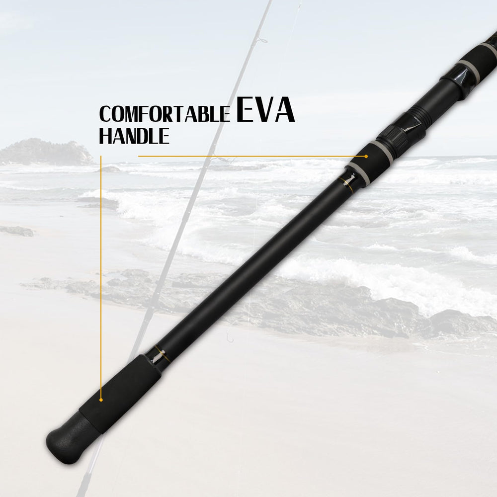 Fiblink surf spinning rod with rubber shrink wrap grips enhances grip in wet conditions.