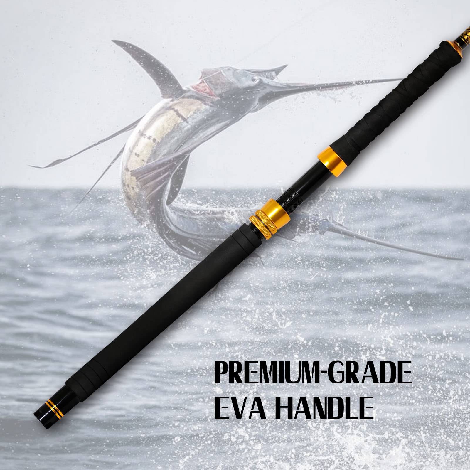 Fiblink trolling rod 2-piece design for easy transport and storage on boat