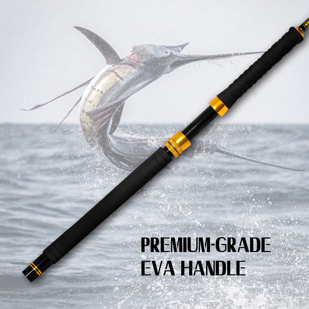 Fiblink trolling rod 2-piece design for easy transport and storage on boat