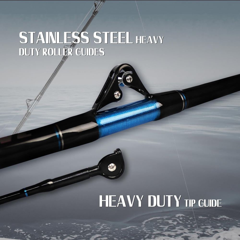Fiblink trolling rod aluminum reel seat provides secure hold during long battles.