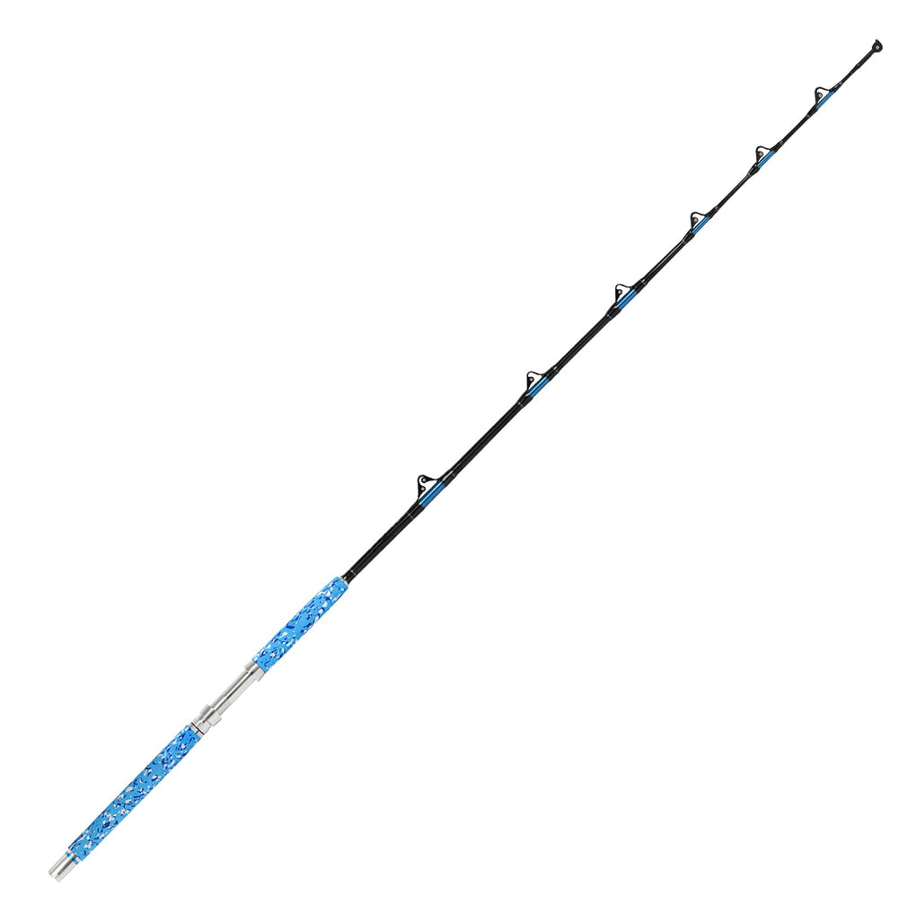 Fiblink trolling rod with stainless roller guides reduces friction for smooth fights against large fish.
