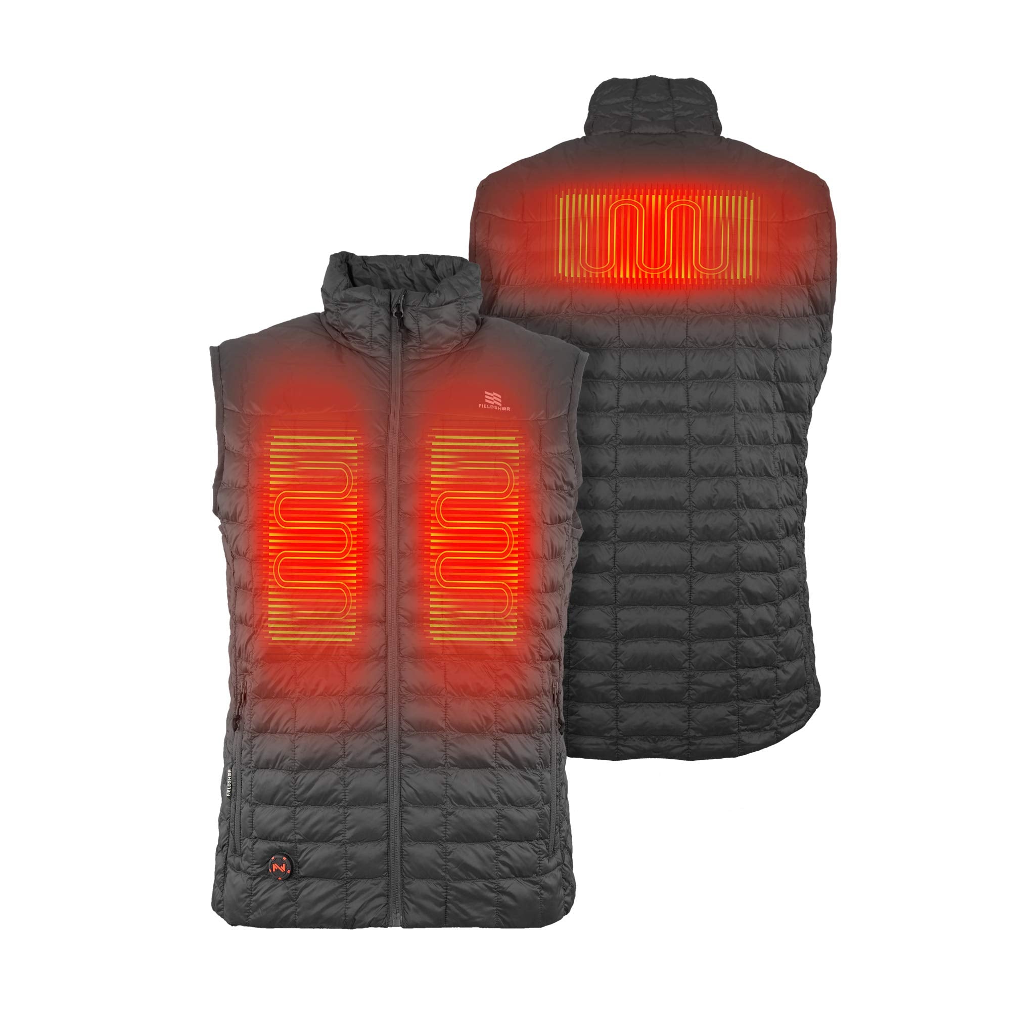 Fieldsheer Backcountry vest front view showing sleek black design for all-day warmth outdoors