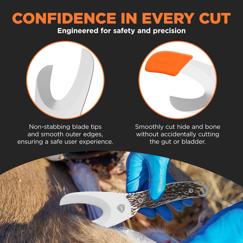 Gut hook in FieldTorq kit enables precise, safe cuts away from the gut area.