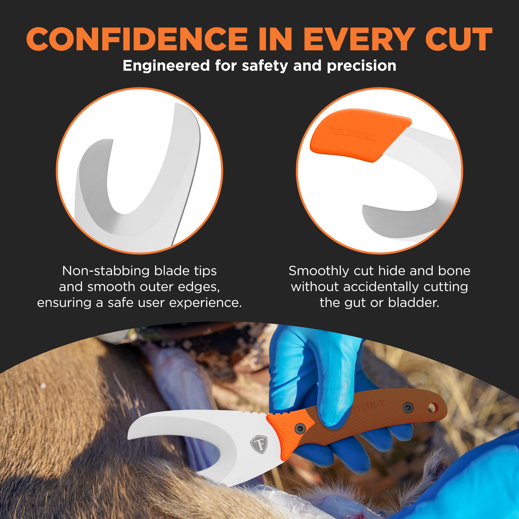 FieldTorq Field Dressing Kit skinner knife offers efficient skinning with ergonomic grip.