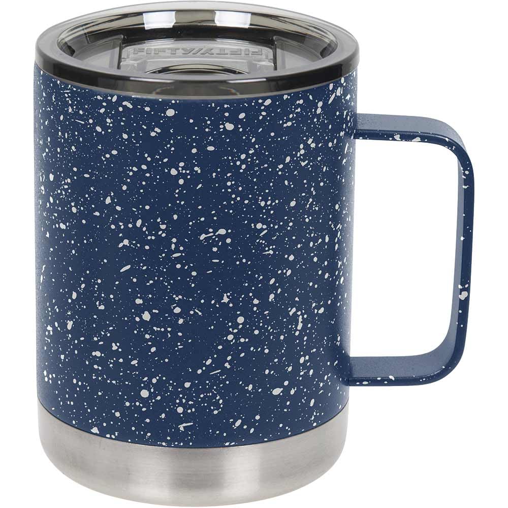 FIFTY/FIFTY navy speckled camp mug with slide lid keeps beverages secure on adventures.
