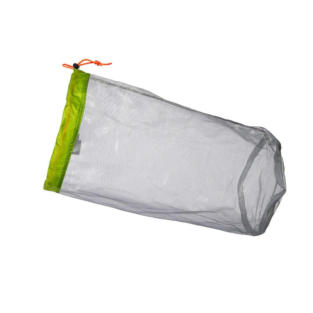 Filfeel Mesh Stuff Sack packs flat into backpacks for space-saving storage.