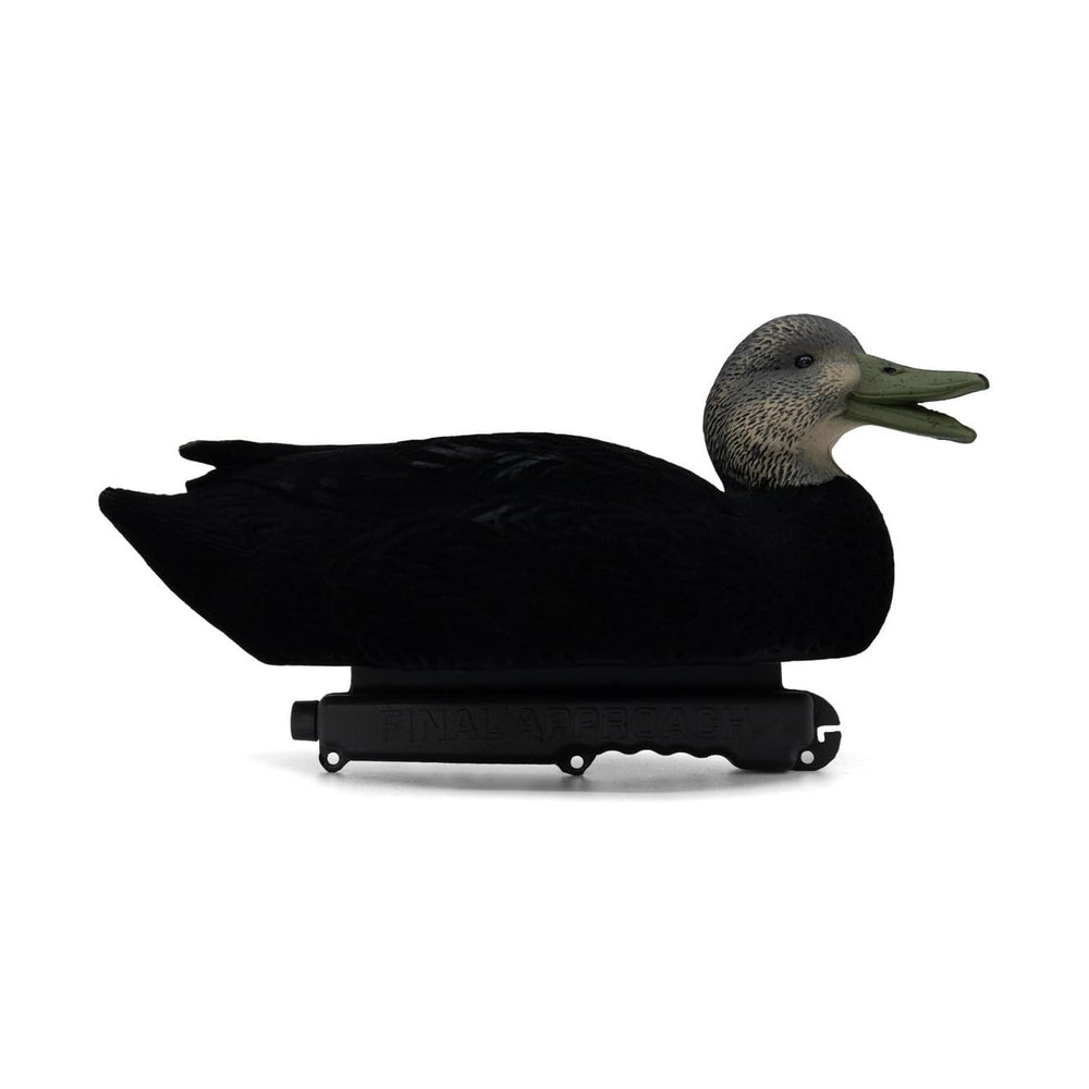 Final Approach live flocked black duck decoys head close-up showing lifelike detail.