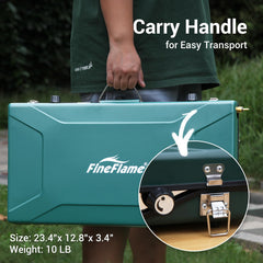 FineFlame camping stove push-button ignition ready for quick start.