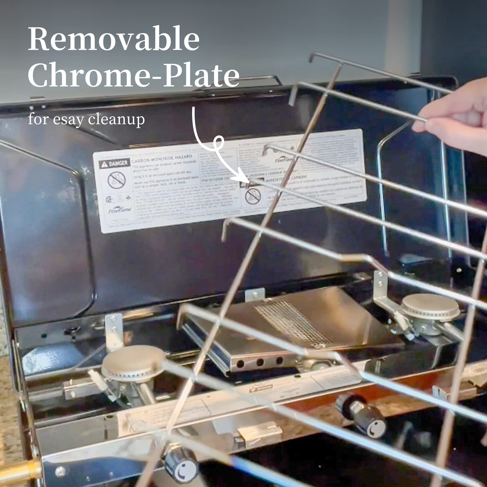 FineFlame drip tray image illustrates easy cleanup after meals