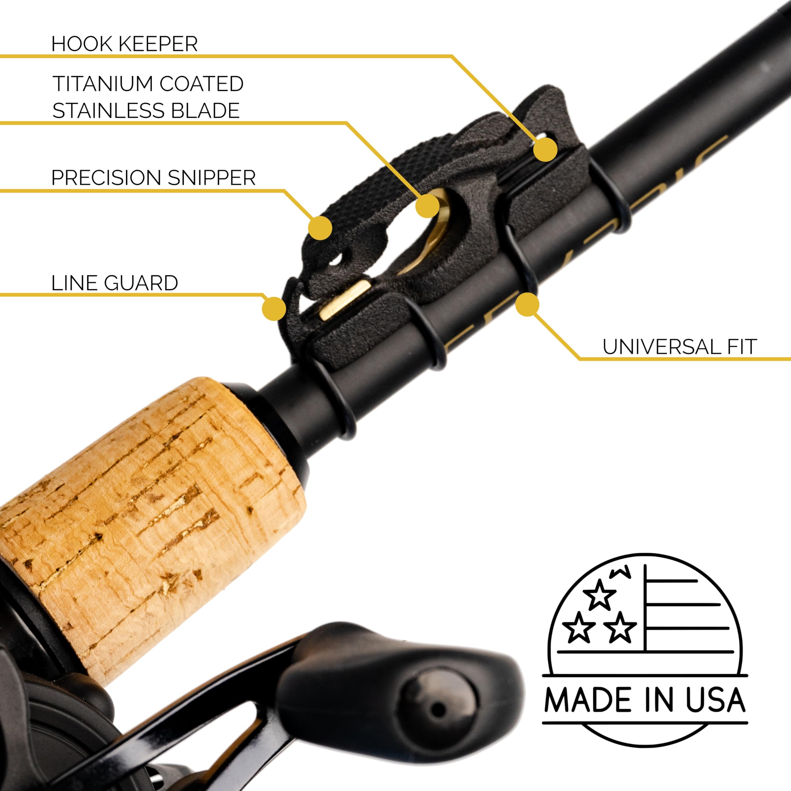 FinMan STOW hook-keeper attachment securing tackle on a rod.