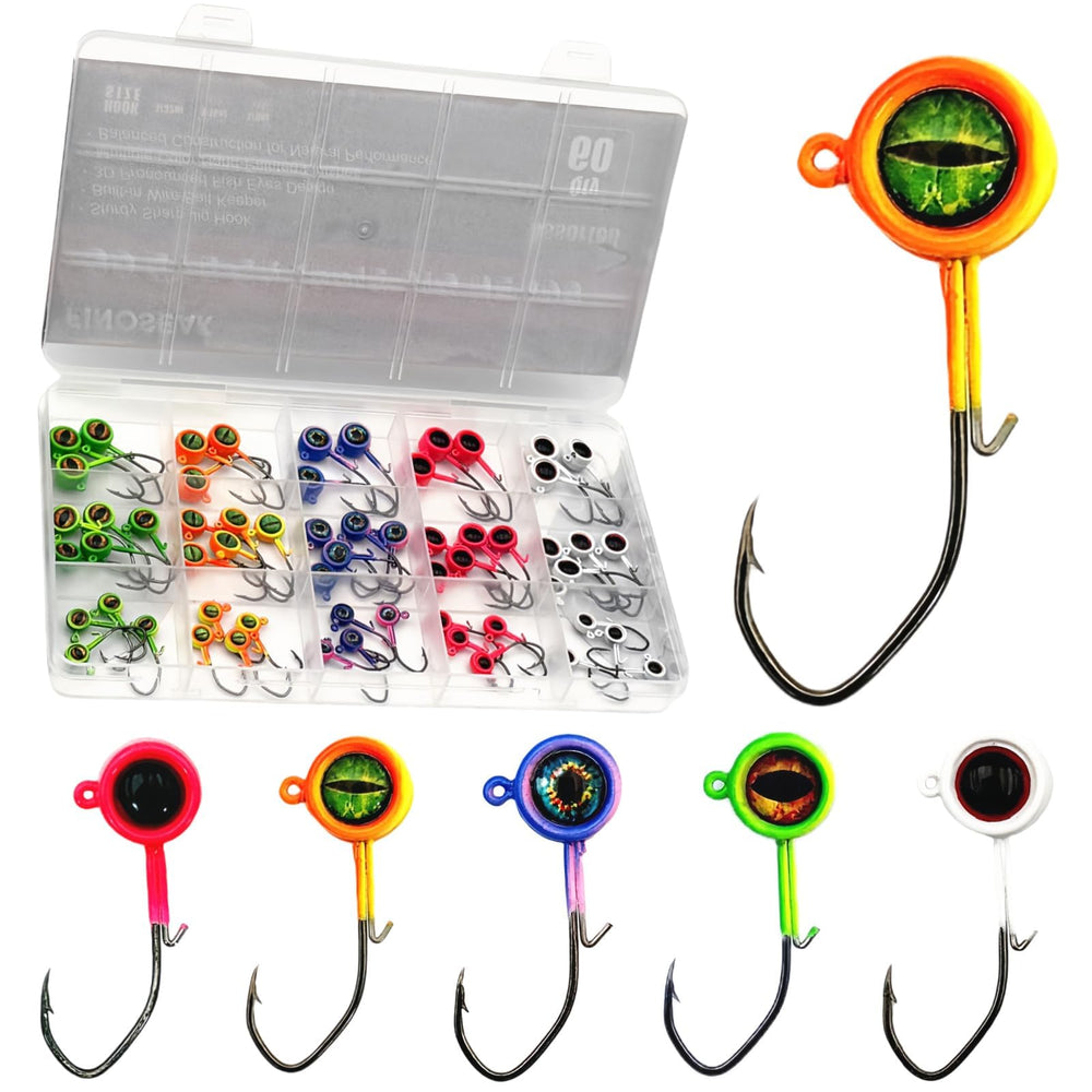 Close-up of bright painted crappie jig heads with large 3D eyes