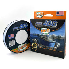 FINS 40G USA-made braid closeup shows rugged construction for big-game fishing.