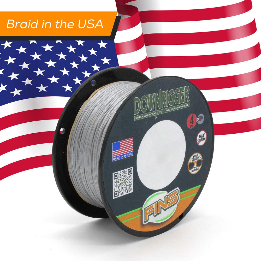 FINS Downrigger Braid label shows 150 lb capacity.